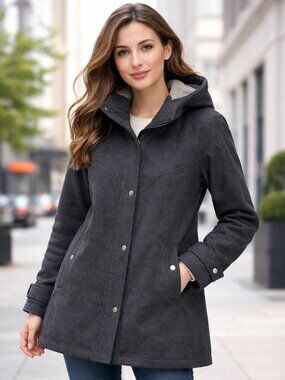 NWT London Fog Zip-Front Sherpa Lined Hood Wool Jacket Charcoal 3XL